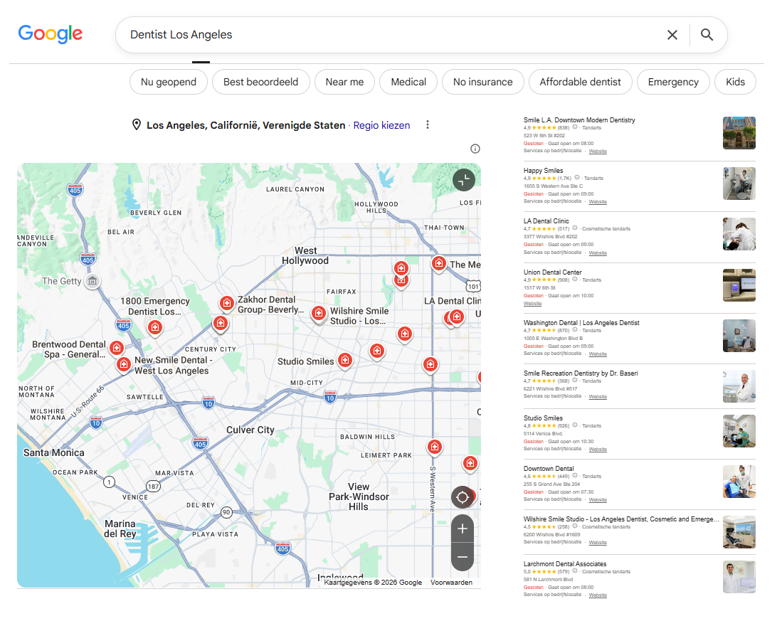 Google search results for dentist los angeles